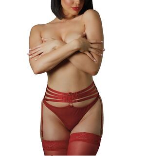 Womens Red Fishnet Lingerie Set Strappy Garter Belt Mesh Thong Boudoir Bridal